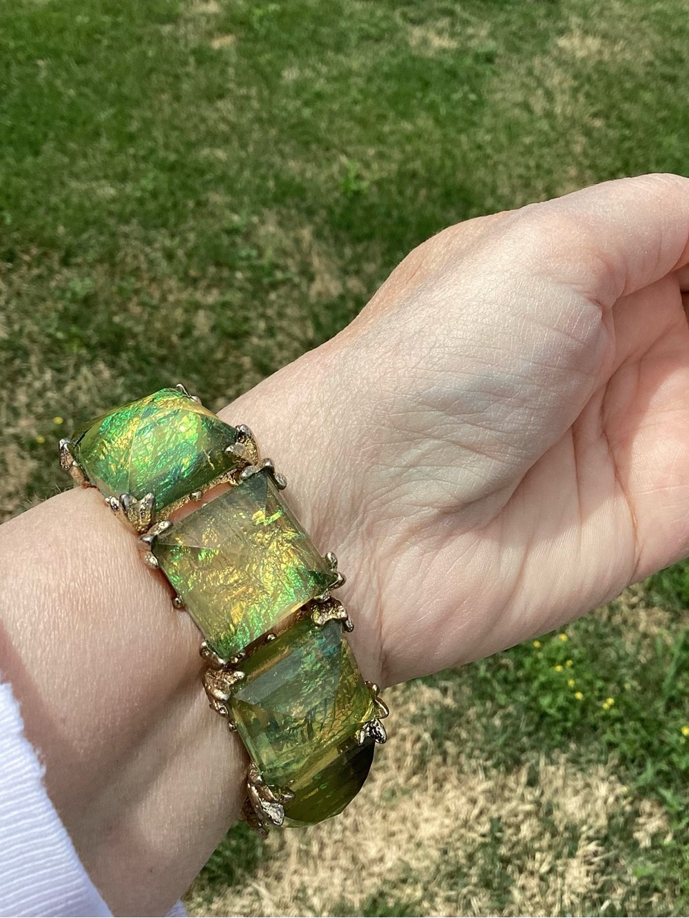Iridescent Green Gold Stretch Bracelet Chunky Statement Crystal Look
